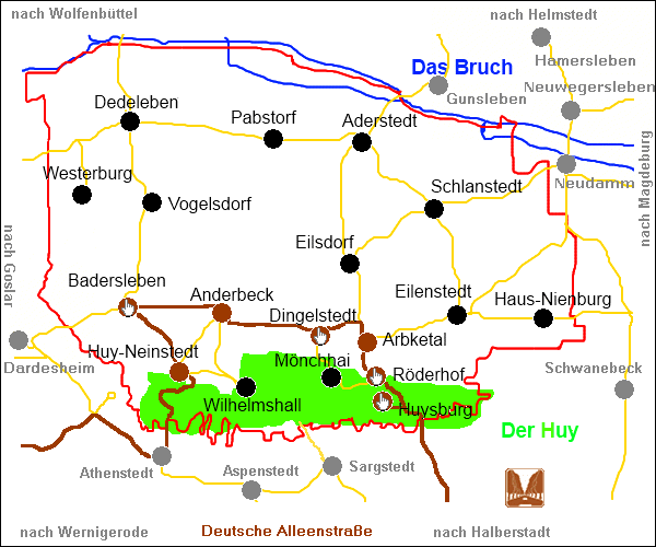 Verlauf der Deutschen Alleenstraße durch die Gemeinde Huy